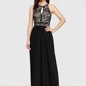 BLACK LACE KEYHOLE HALTER PROM DRESS